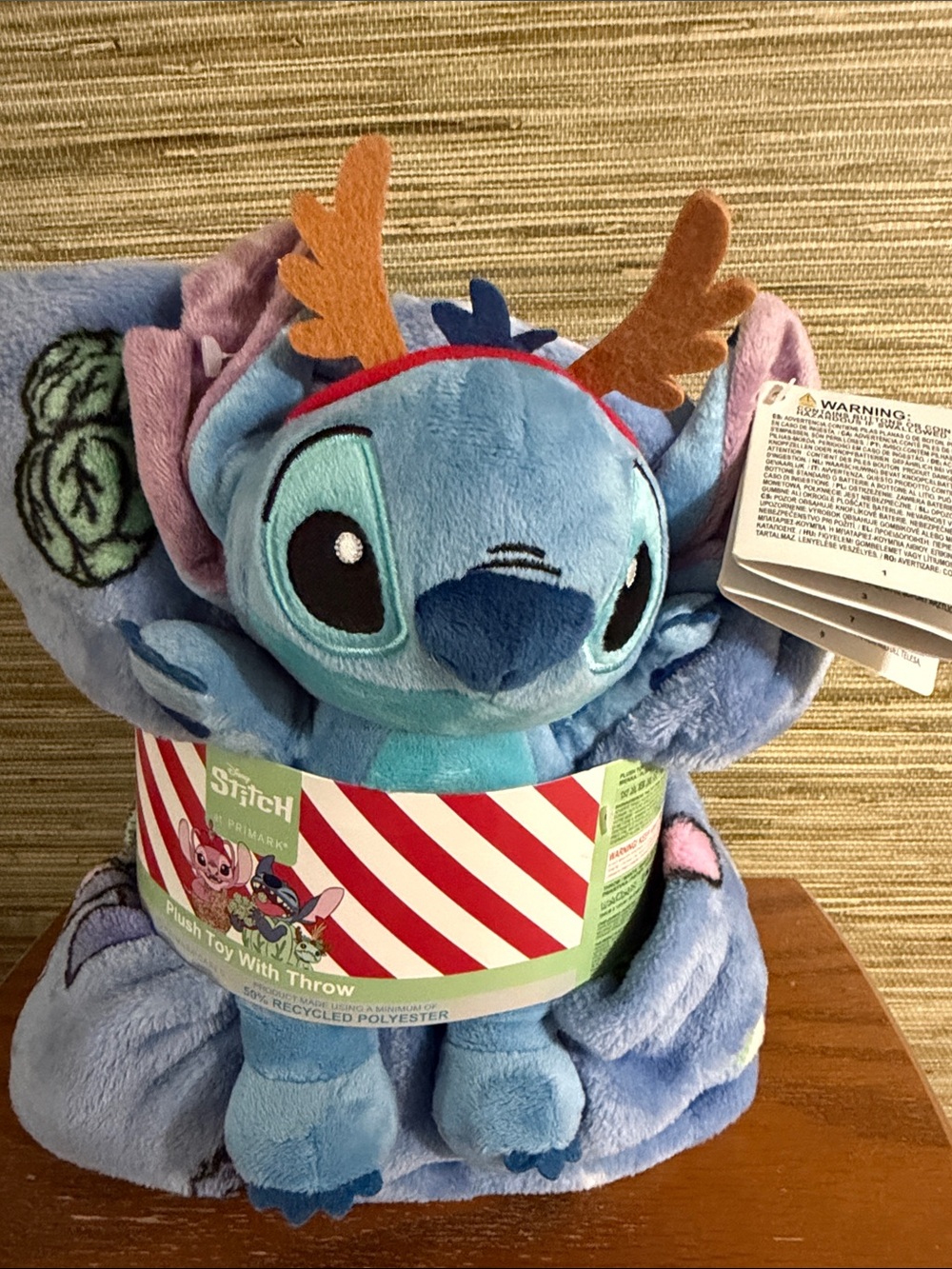 NWT Disney Blue Stitch Plush with Brown Reindeer Antlers